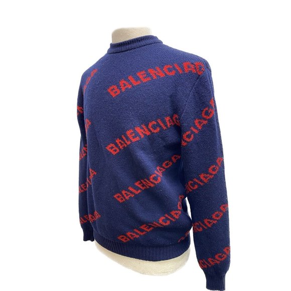 100% Authentic Balenciaga Allover Logo Sweater in Blue & Red Size Small - Picture 9 of 9